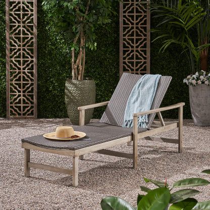 Outdoor Chaise Lounge With Wood And Wicker Frame 78.75in Lx31.25in W Metal Construction Weather-Resistant Grey