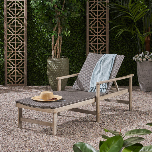 Outdoor Chaise Lounge With Wood And Wicker Frame 78.75in Lx31.25in W Metal Construction Weather-Resistant Grey