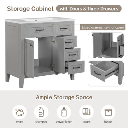 36-Inch Grey Bathroom Vanity Set with Ceramic Sink and Storage Drawers