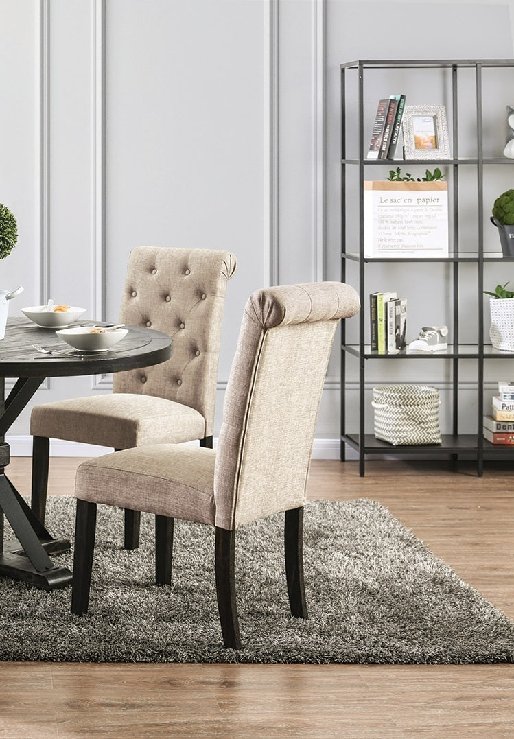 Set of 2 Side Dining Chairs - Button Tufted, Linen-Look, Solid Wood, Scroll Back, Rustic Chairs Ivory