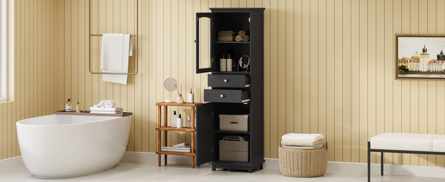 63" Tall Bathroom Storage Cabinet with Glass Doors, Free-Standing, Two Drawers, and Adjustable Shelves, MDF Board, Painted Black - Perfect for Displaying Your Favorite Items