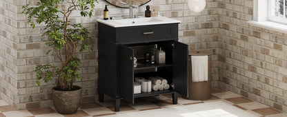 30-Inch Black Bathroom Vanity with Ceramic Sink, Soft-Close Doors, and Adjustable Storage Shelves