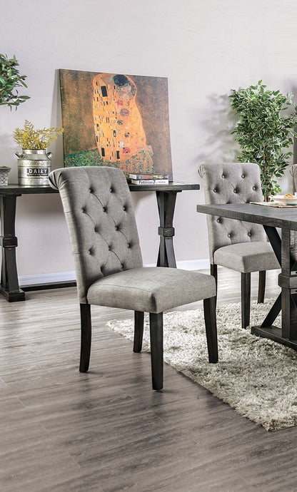 Set of 2 Dining Room Side Chairs, Button-Tufted Linen Upholstery, Solid Wood, Rustic Style, Light Gray