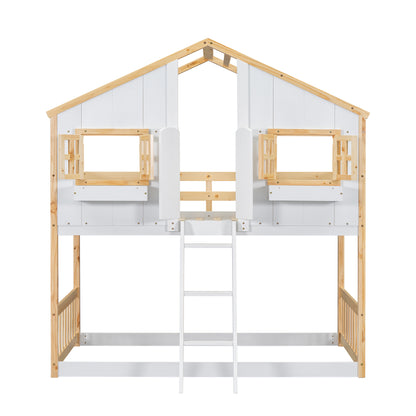 Twin House Bunk Bed for Kids with Roof, Windows, and Safety Features - Natural/White Finish