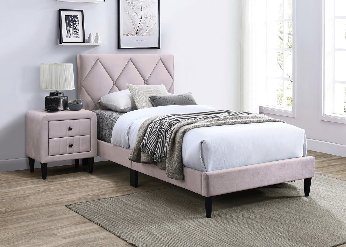 Adjustable Light Pink Velvet Full Size Bed Frame with Stylish Headboard for Youth Bedrooms