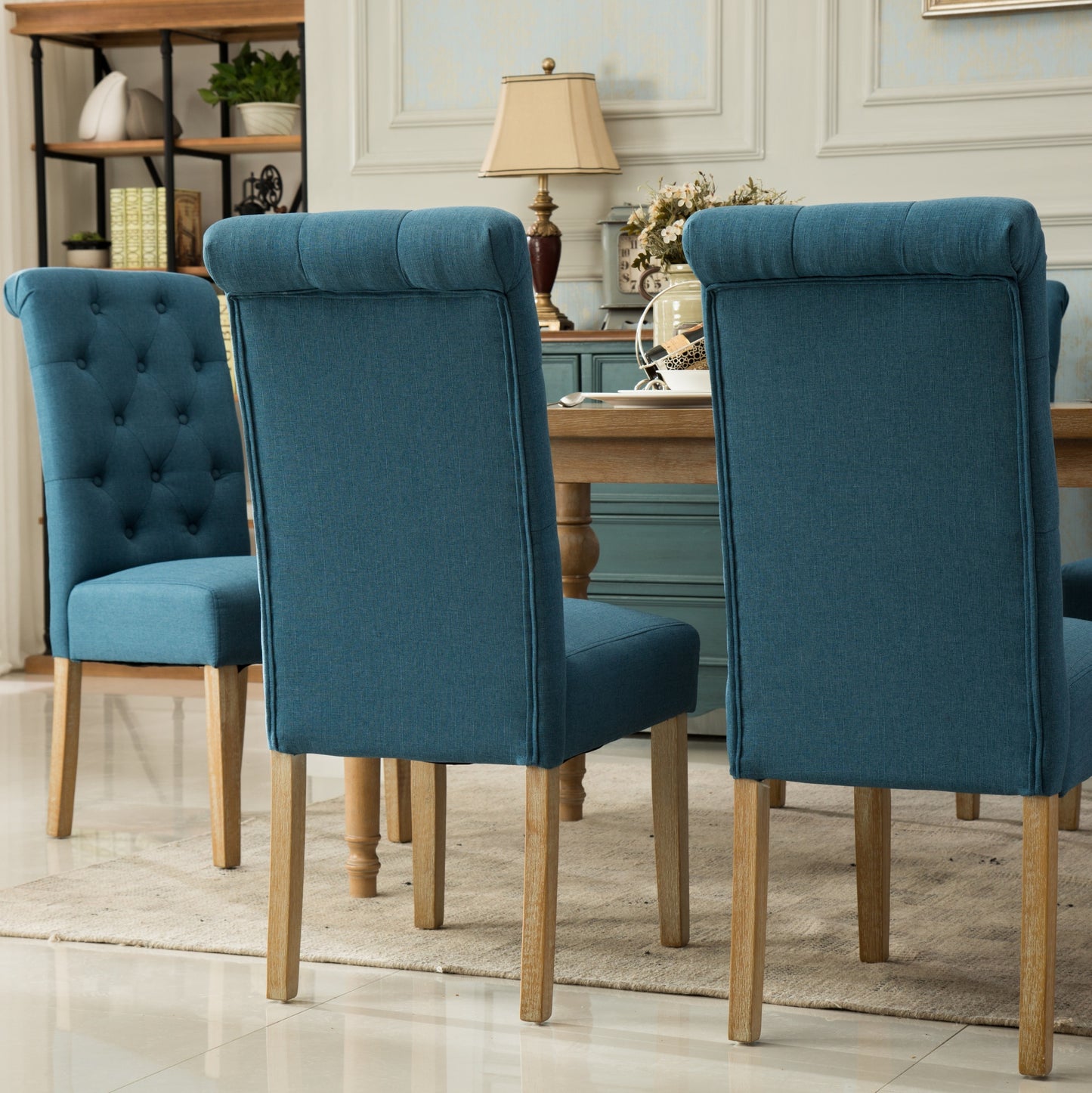 Solid Wood Parsons Dining Chair Set of 2, Tufted Upholstered 26W x 18D x 39.2H in, Oak Finish, Blue