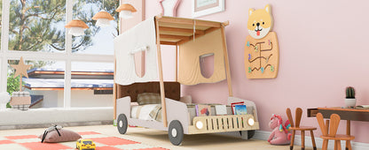 Wood Twin Size Car Bed with LED Lights, Pillow, Ceiling Cloth, Solid Pine and MDF Bed Frame Natural