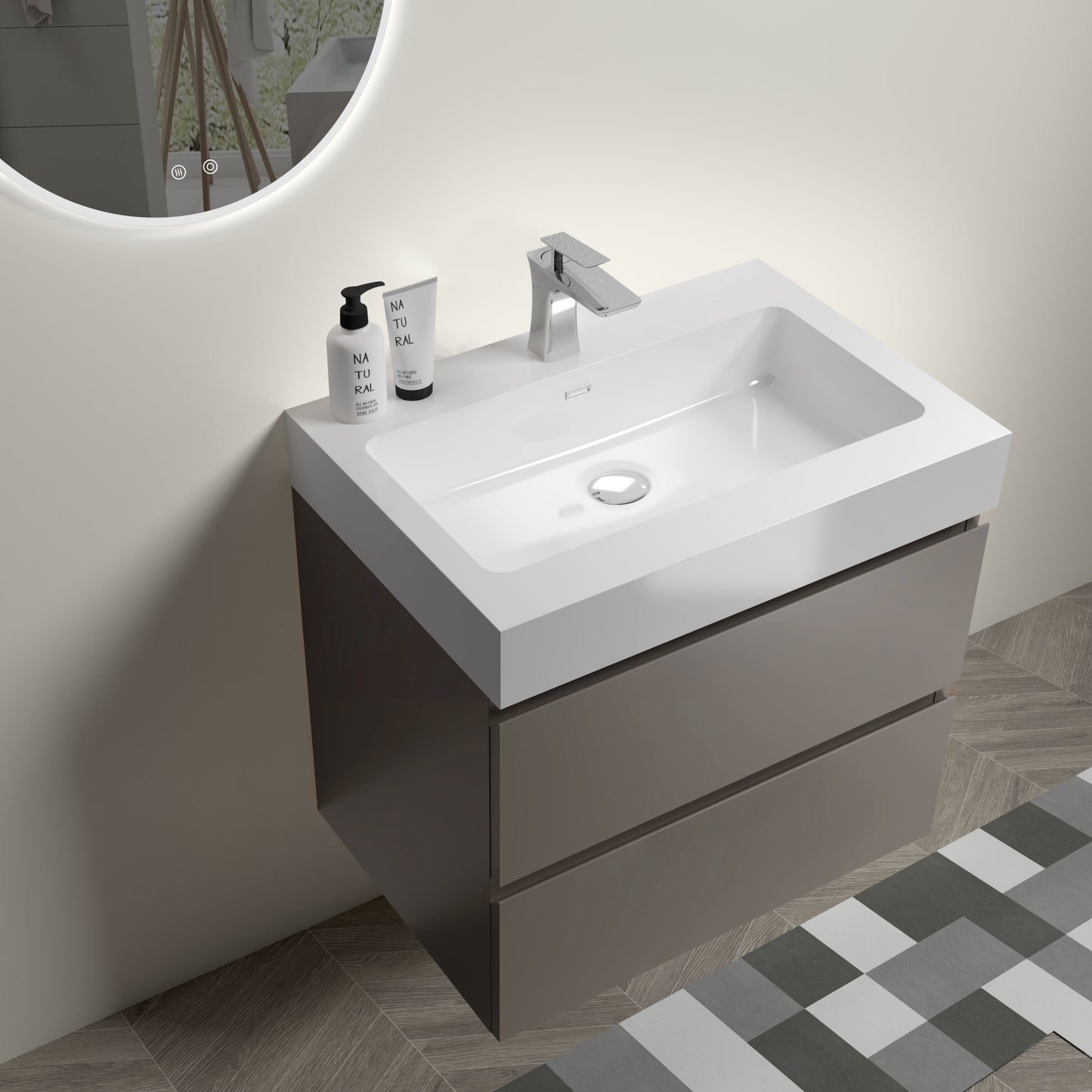 Modern 24" Gray Wall-Mounted Bathroom Vanity with Large Storage and Sleek White Sink Basin