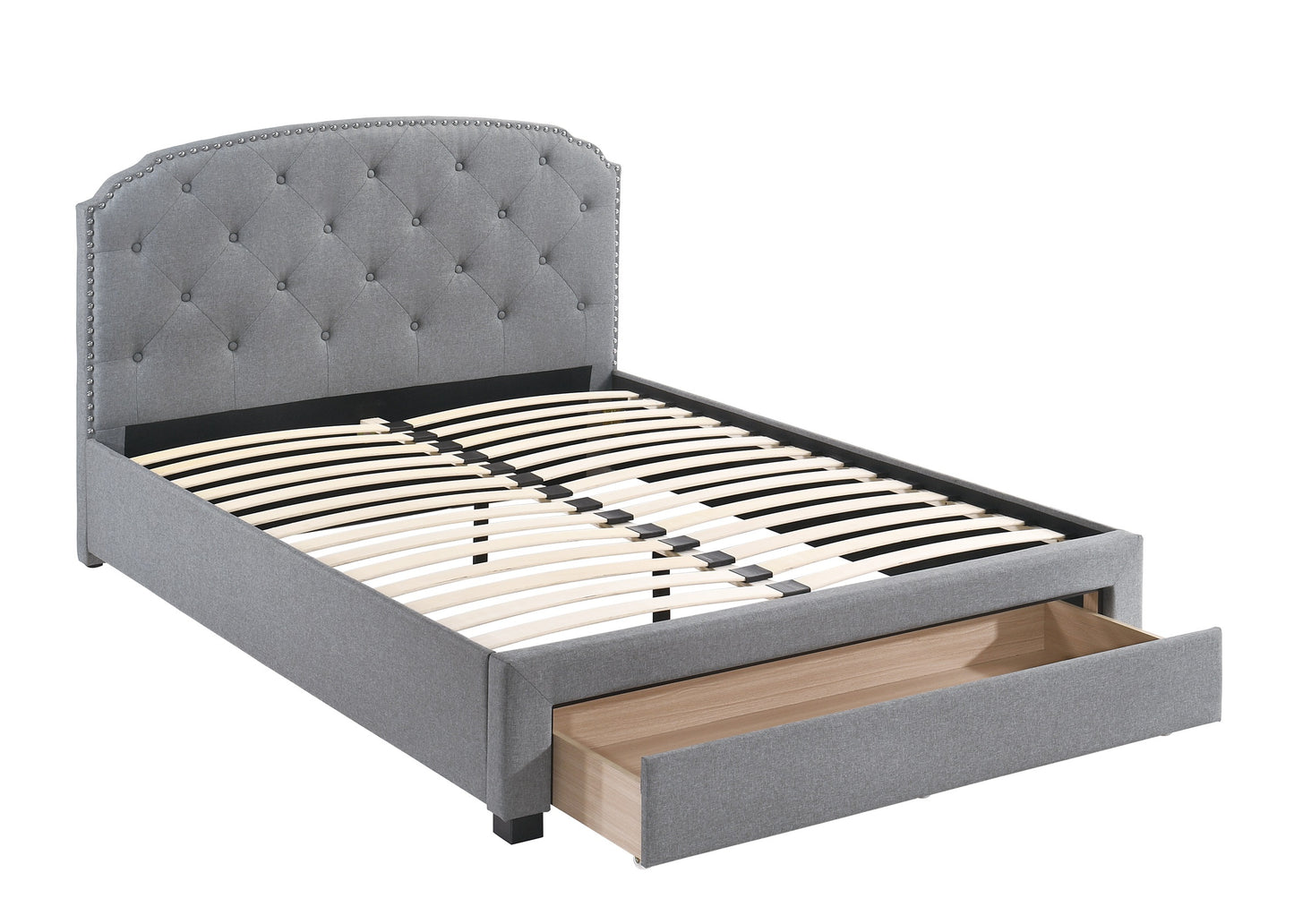 Light Grey Upholstered Twin Bed Frame with Storage Drawer and Button Tufted Headboard