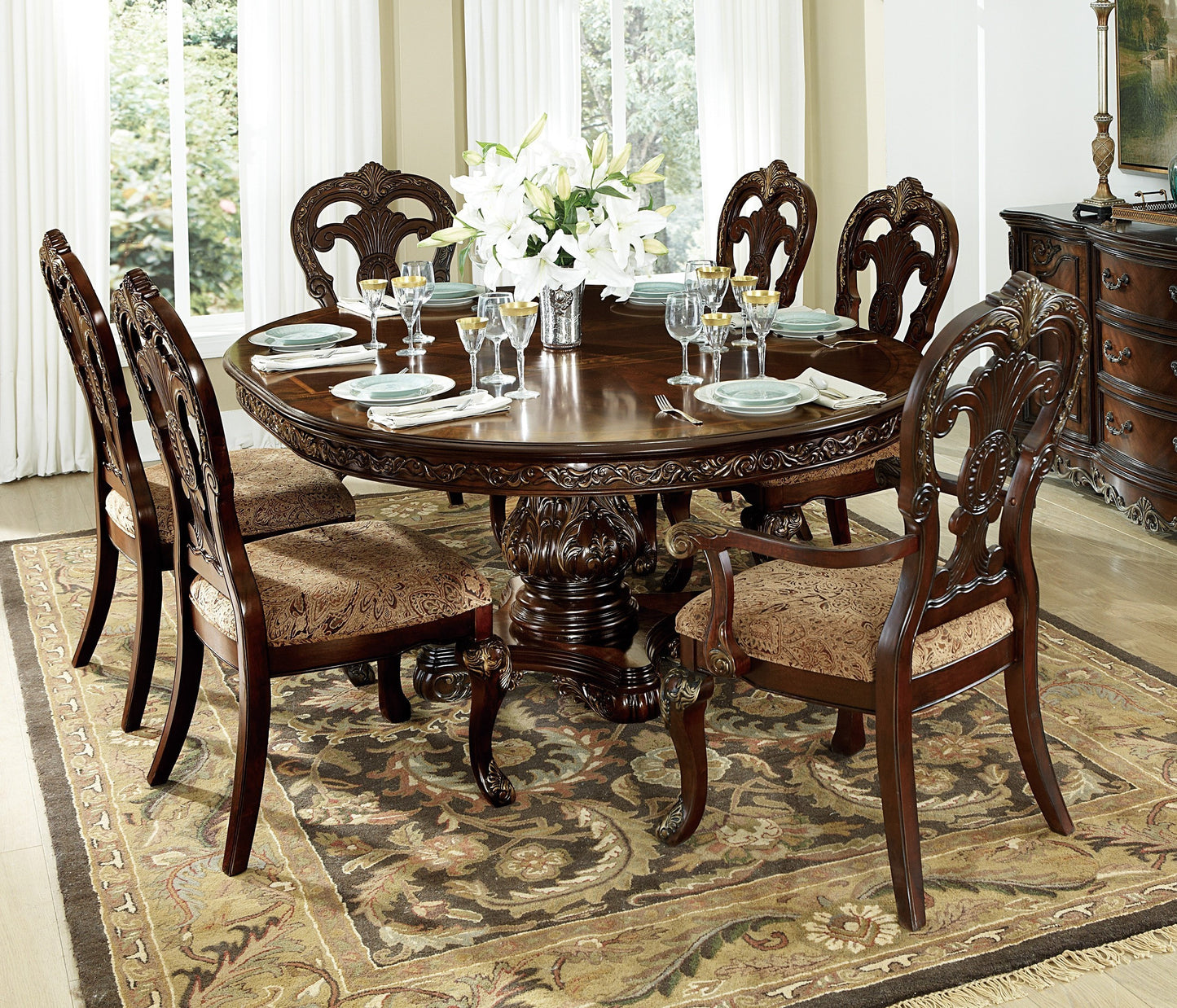 2-Piece Traditional Dining Side Chairs, Fabric Upholstered Wood Frame Gold Tipping, 21.25 in Seat, Cherry