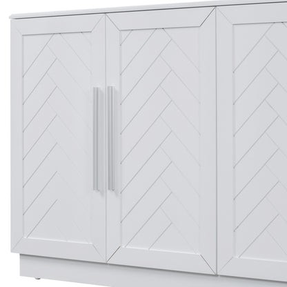 TREXM Sideboard with 4 Doors Large Storage Space Buffet Cabinet with Adjustable Shelves and Silver Handles for Kitchen, Dining Room, Living Room (White)