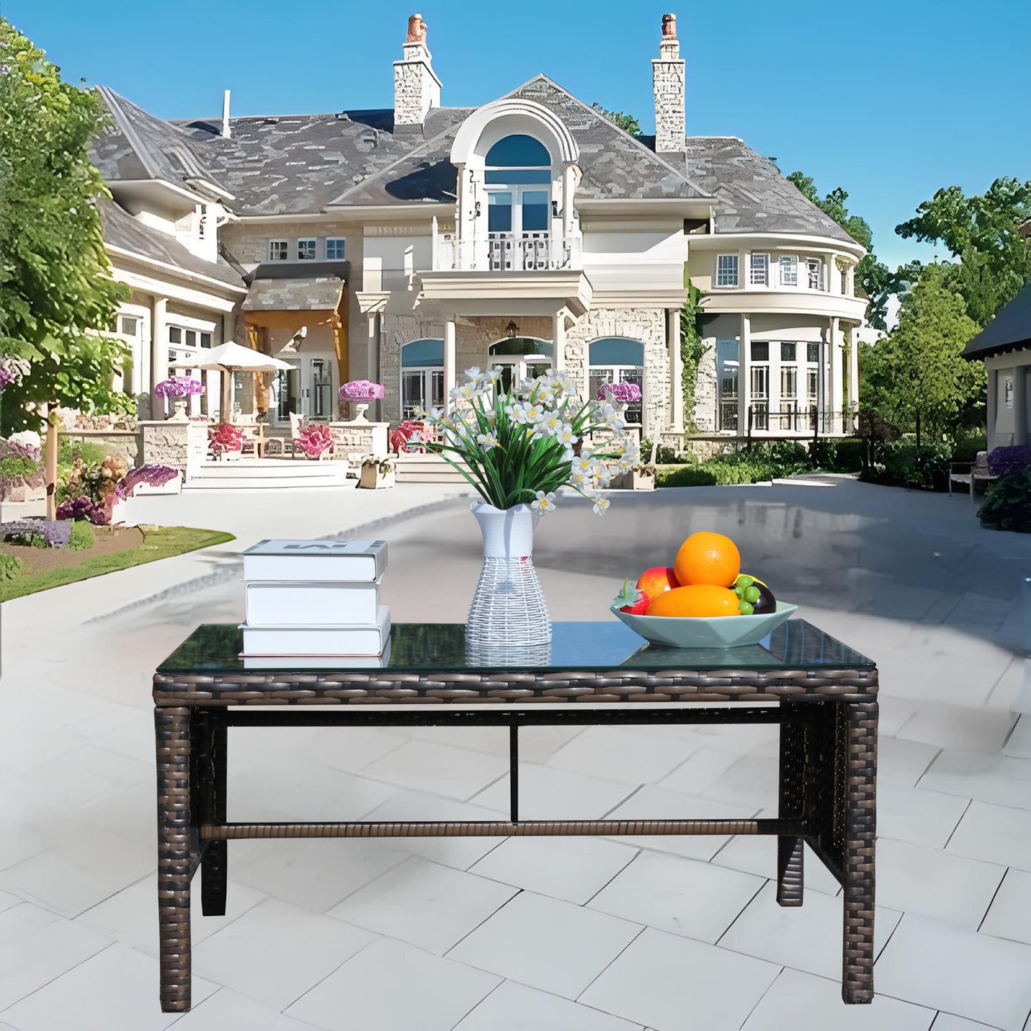 Outdoor Patio Coffee Table In Rattan With Clear Tempered Glass Top, 30.75in Long, 17.5in Wide, 15in High Brown