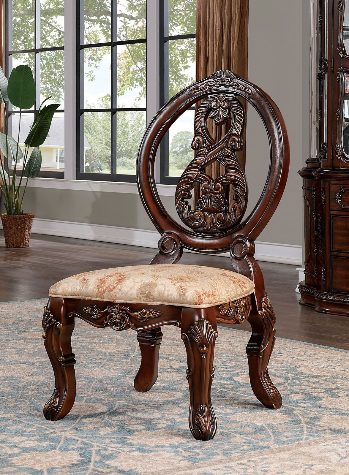 2-Piece Traditional Solid Wood Dining Side Chairs with Fabric Seats, Welt, Cabriole Legs, Round Back Tan