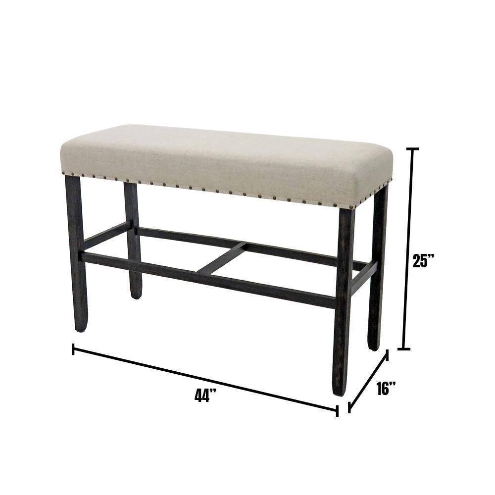 44W Counter Height Dining Bench, 25H, Solid Wood, Linen Beige Upholstery, Nailhead Trim, Rustic, Black