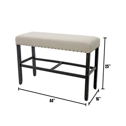 44W Counter Height Dining Bench, 25H, Solid Wood, Linen Beige Upholstery, Nailhead Trim, Rustic, Black