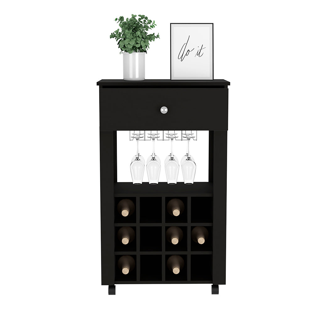 Modern Black Wengue Bar Cart With Twelve Wine Cubbies