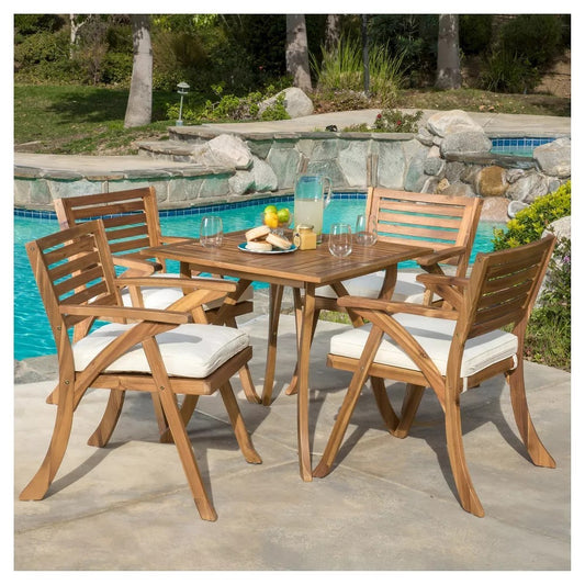 5-Piece Outdoor Acacia Wood Dining Set with Water-Resistant Cushions for Patio, Teak Finish, Cream