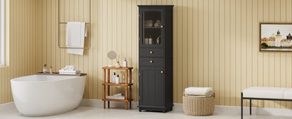 63" Tall Bathroom Storage Cabinet with Glass Doors, Free-Standing, Two Drawers, and Adjustable Shelves, MDF Board, Painted Black - Perfect for Displaying Your Favorite Items