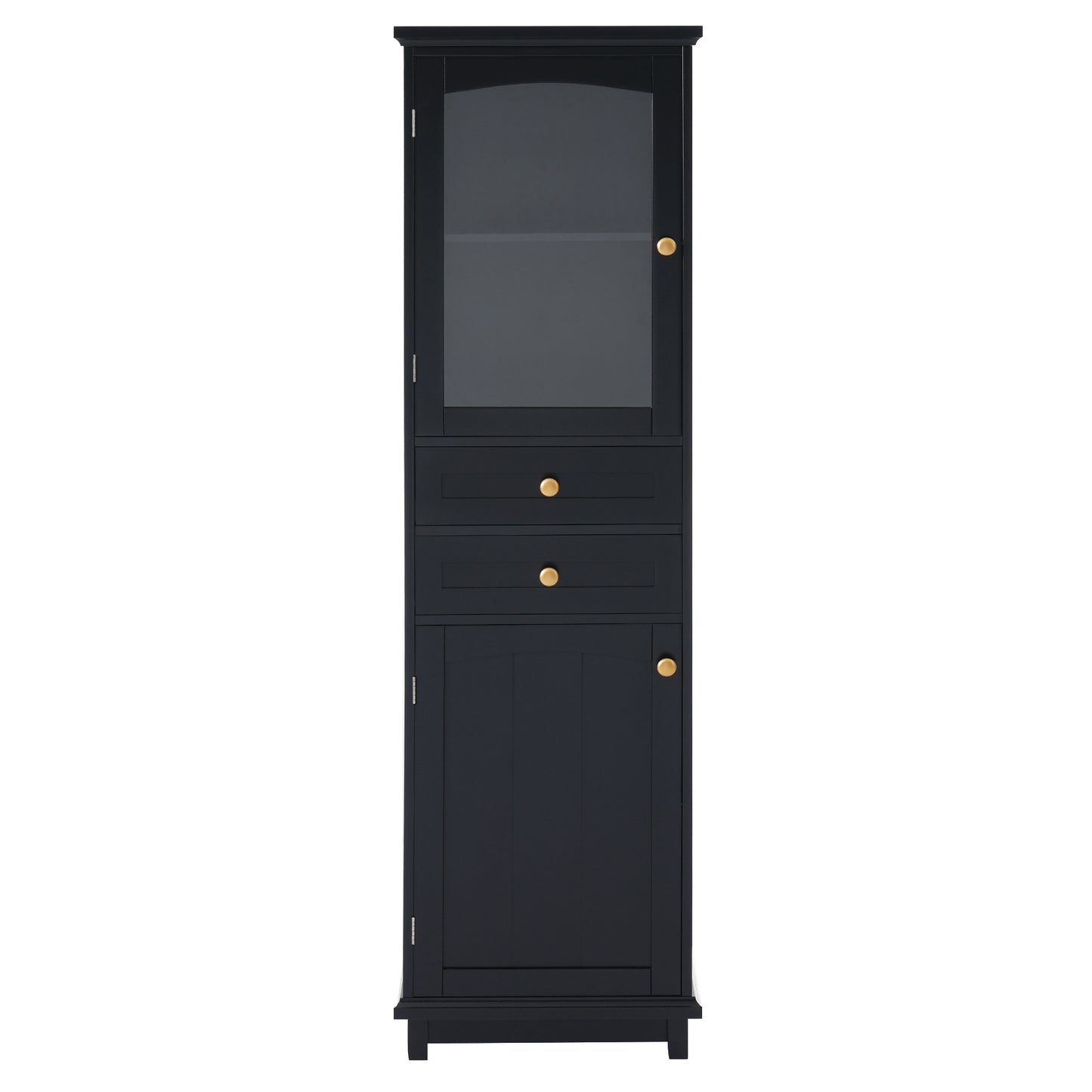 63" Tall Bathroom Storage Cabinet with Glass Doors, Free-Standing, Two Drawers, and Adjustable Shelves, MDF Board, Painted Black - Perfect for Displaying Your Favorite Items