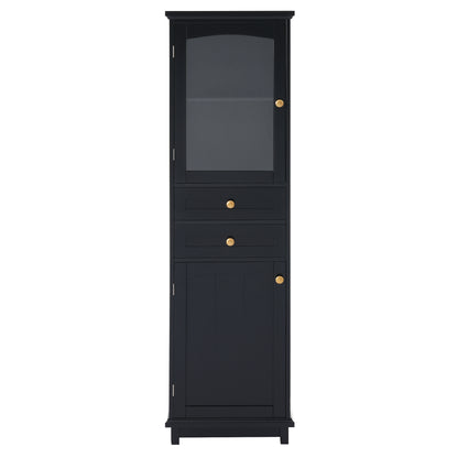 63" Tall Bathroom Storage Cabinet with Glass Doors, Free-Standing, Two Drawers, and Adjustable Shelves, MDF Board, Painted Black - Perfect for Displaying Your Favorite Items