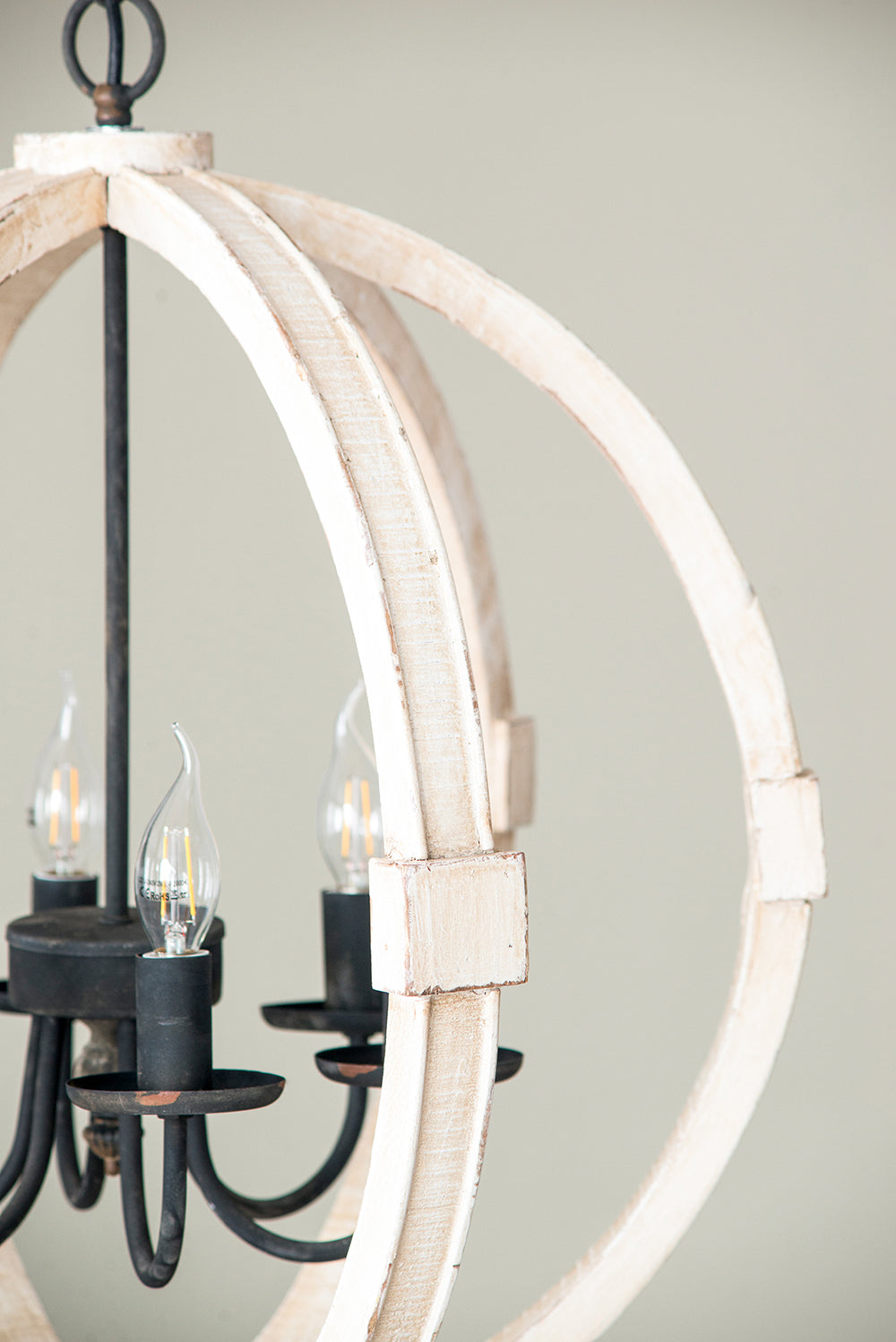 6-Light Pine Wood Chandelier with Adjustable Chain, Iron Accents for Kitchen and Dining Rooms White