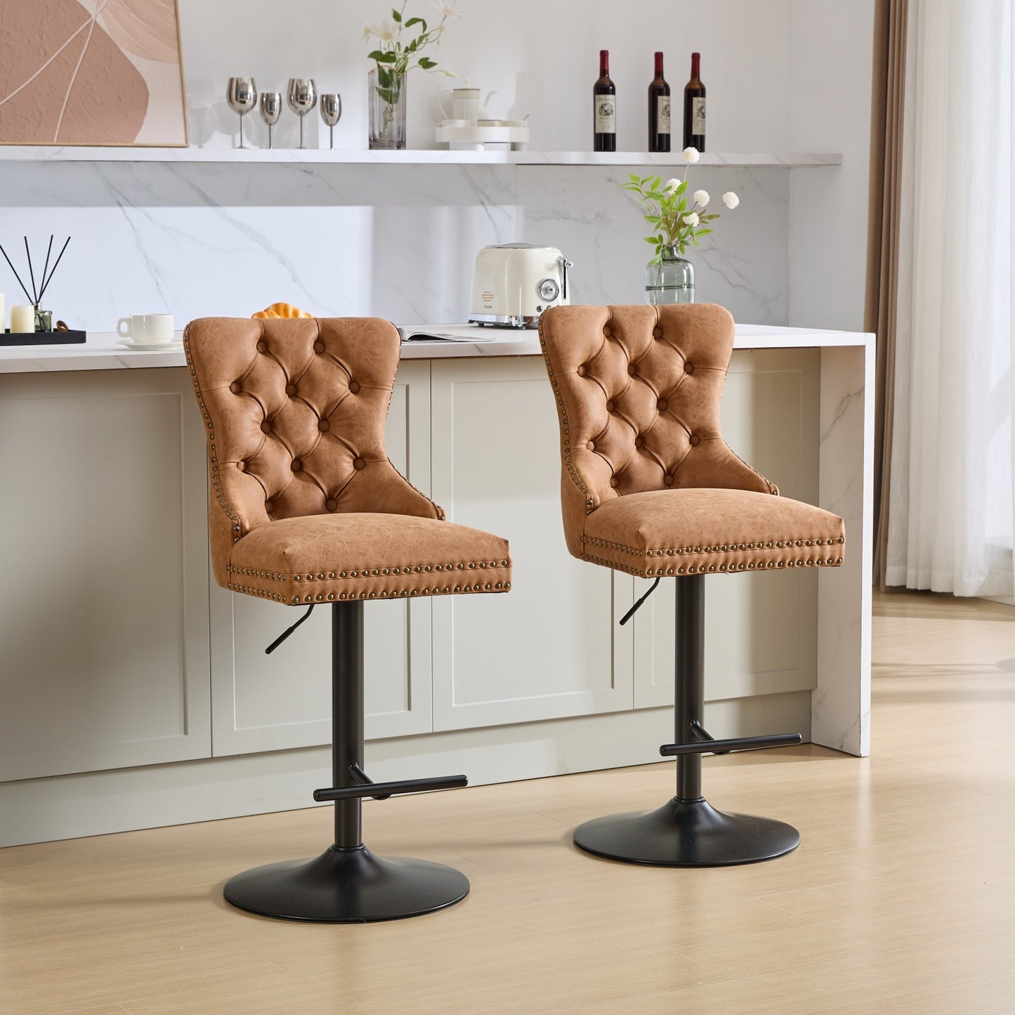 Orange Aged Retro PU Swivel Bar Stools Tufted Back