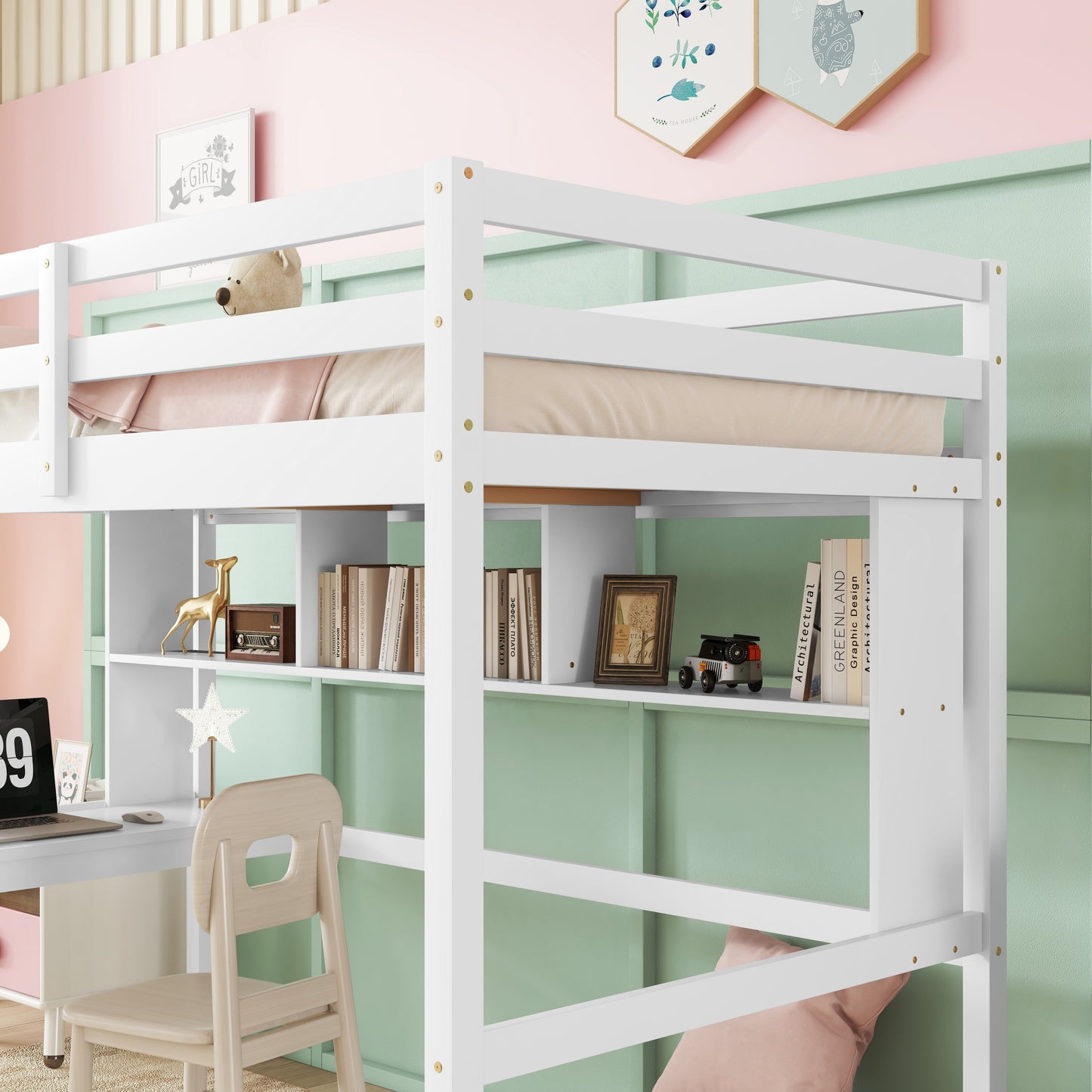 Twin Loft Bed with Integrated Desk and Shelves, Safety Guardrails, and Ladder in White