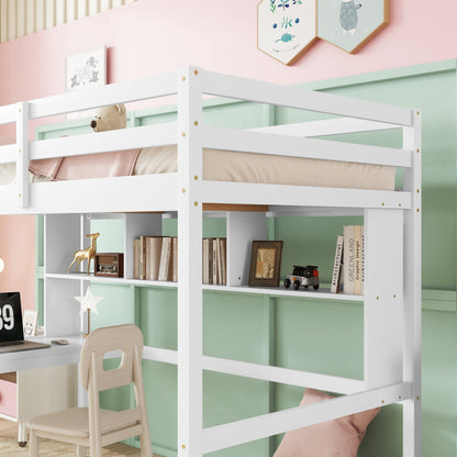 Twin Loft Bed with Integrated Desk and Shelves, Safety Guardrails, and Ladder in White
