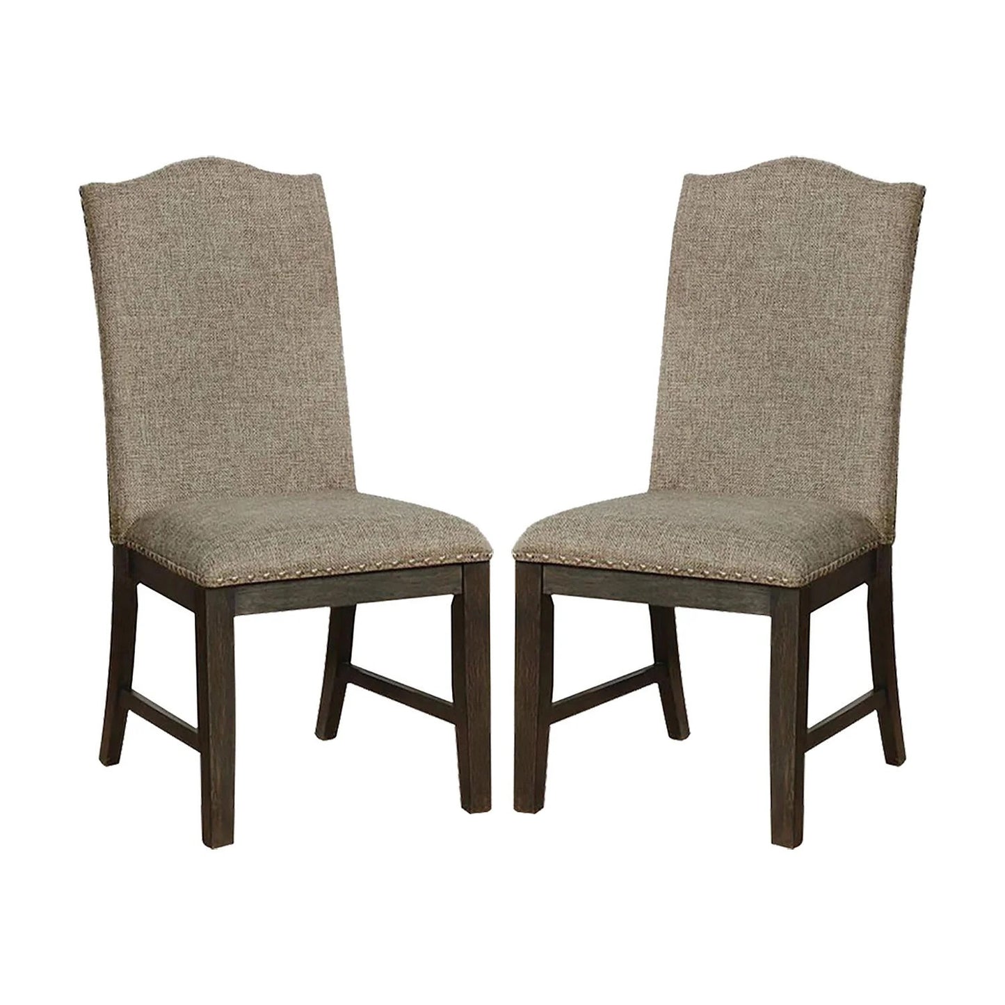 Set of 2 Modern Rustic Dining Chairs, Fabric Upholstered, Nailhead Trim, Rubberwood, Espresso