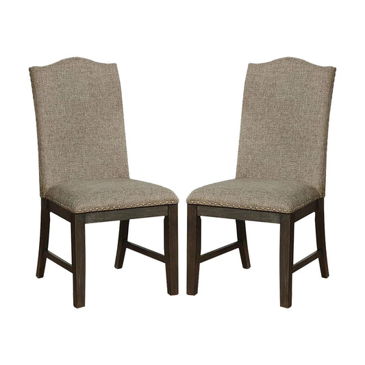 Set of 2 Modern Rustic Dining Chairs, Fabric Upholstered, Nailhead Trim, Rubberwood, Espresso