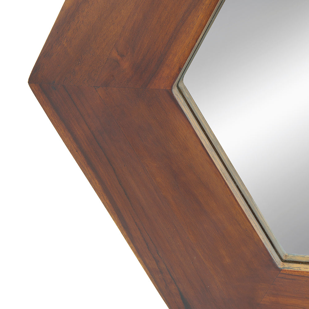 Hexagonal Teak Wood Framed Mirror - 18.5" Wall Decor for Living Room, Bathroom, or Hallway in Dark Brown