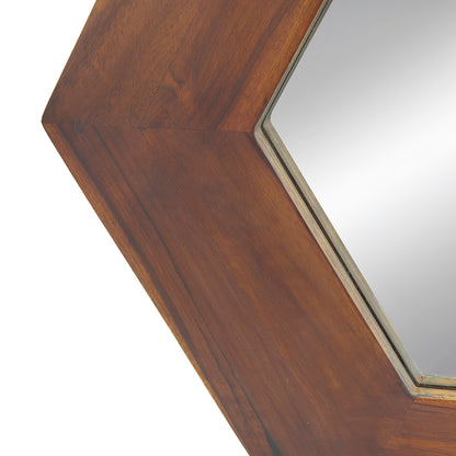 Hexagonal Teak Wood Framed Mirror - 18.5" Wall Decor for Living Room, Bathroom, or Hallway in Dark Brown