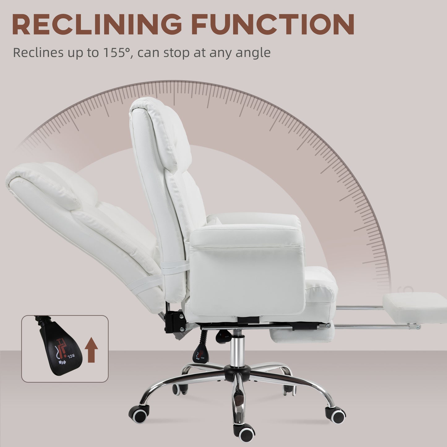 Luxurious White PU Leather Ergonomic Office Chair with Reclining Function, Footrest, and Lumbar Support