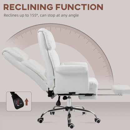 Luxurious White PU Leather Ergonomic Office Chair with Reclining Function, Footrest, and Lumbar Support