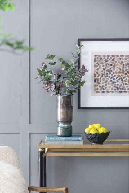 Glass Vase, 4.7 x 4.7 x 10.6 in, Hourglass Shape, Chrome Accent, Living Room Centerpiece, Smoky Blue