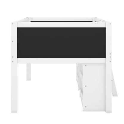 Twin Size Creative Low Loft Bed with Movable Storage Shelves and Chalkboard Guardrail, White