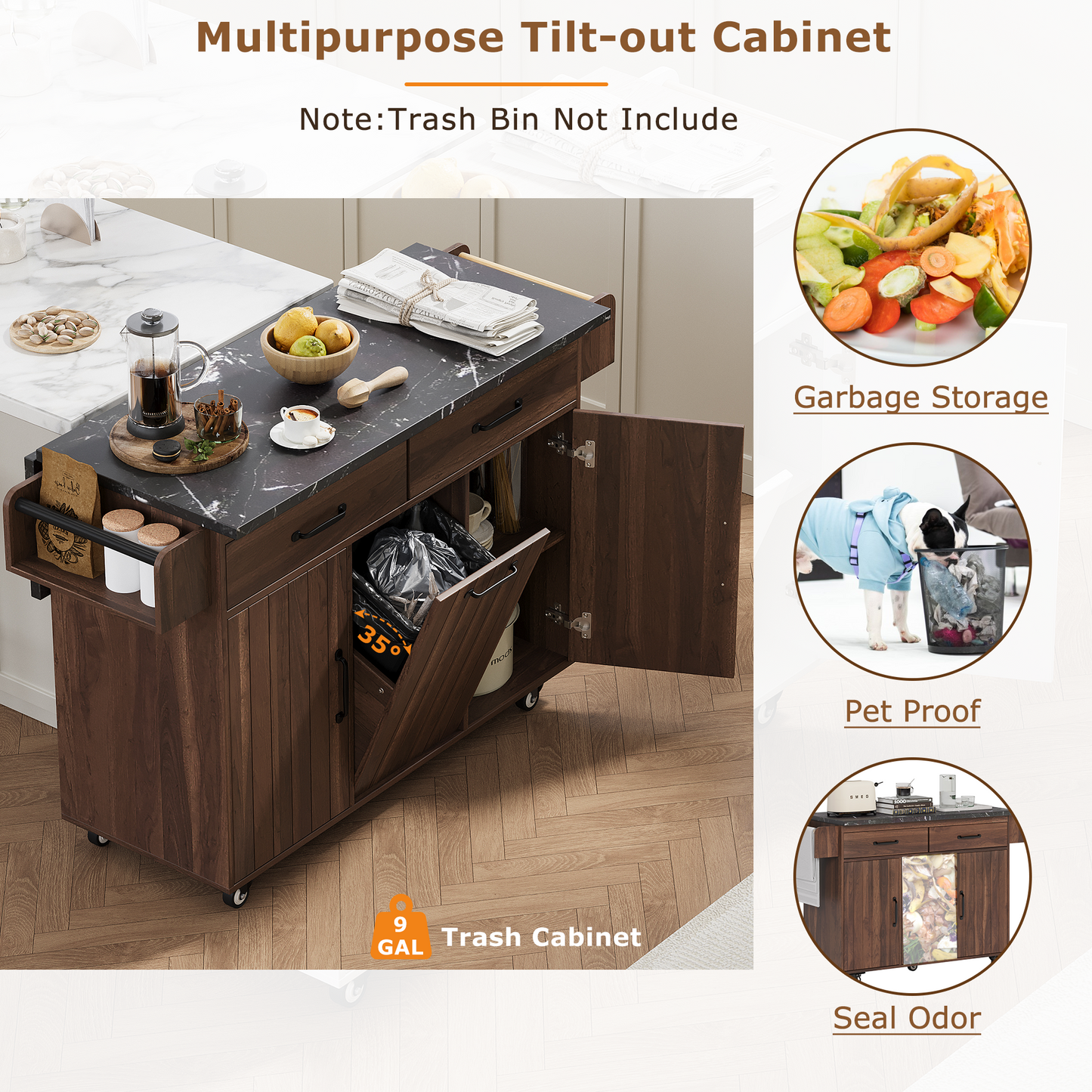 Walnut Brown Rolling Kitchen Island with Drop Leaf, Trash Can Storage, Spice & Towel Racks, and Adjustable Shelves