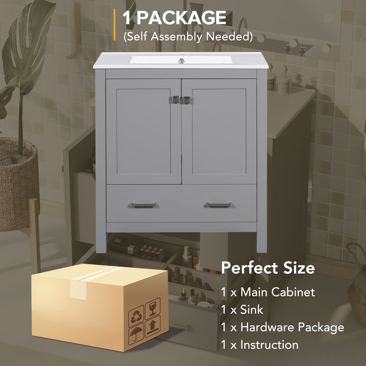 30-Inch Modern Gray Bathroom Vanity with Undermount Sink, Elegant Storage Cabinet Featuring Soft-Close Doors and Multifunctional Design