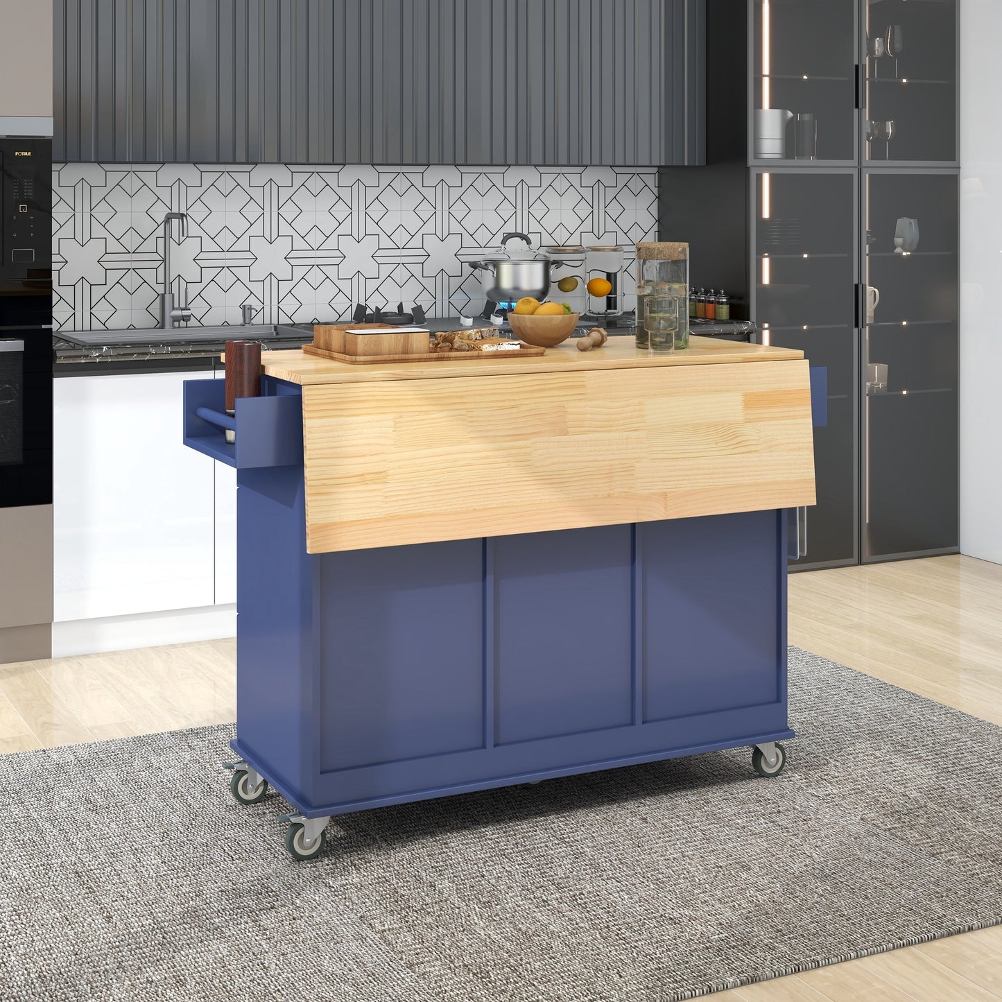 Versatile Rolling Kitchen Cart with Drop Leaf - Sturdy Solid Wood Top, Locking Wheels & Ample Storage (Dark Blue)