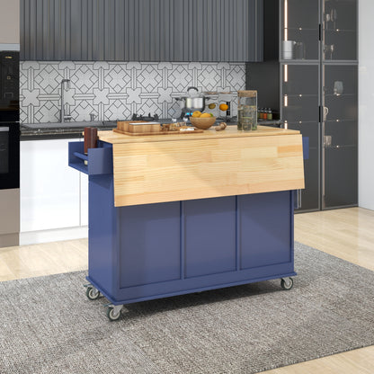 Versatile Rolling Kitchen Cart with Drop Leaf - Sturdy Solid Wood Top, Locking Wheels & Ample Storage (Dark Blue)