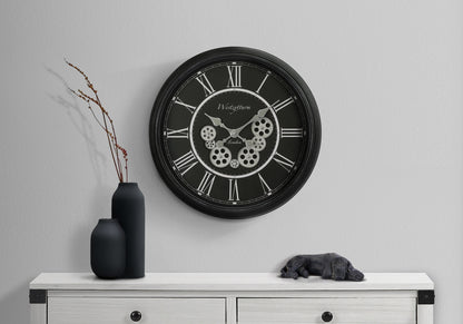 23-Inch Round Wall Clock, Gear Mechanism, Quartz Movement, Non-Ticking, Glass Face, Metal Gears, Black