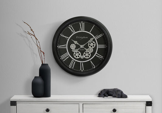 23-Inch Round Wall Clock, Gear Mechanism, Quartz Movement, Non-Ticking, Glass Face, Metal Gears, Black