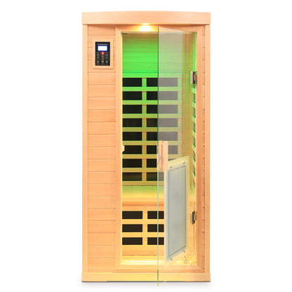1-Person Hemlock Far-Infrared Indoor Sauna with Front-Door Heating Panel, Low EMF, Bluetooth Natural