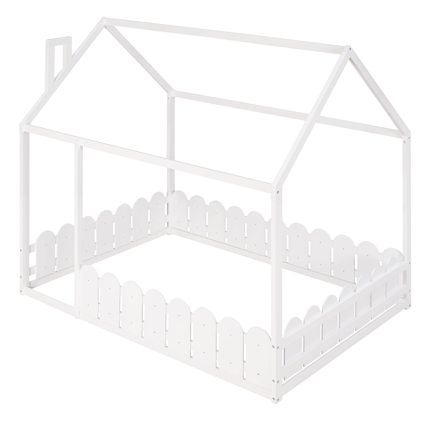 Full Size Wooden House Bed Frame with Fence for Kids and Teens - White (Slats Not Included)