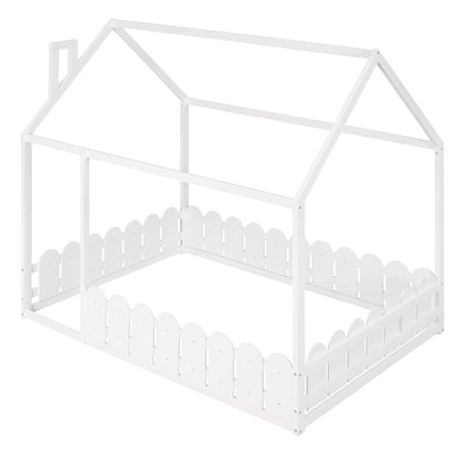 Full Size Wooden House Bed Frame with Fence for Kids and Teens - White (Slats Not Included)