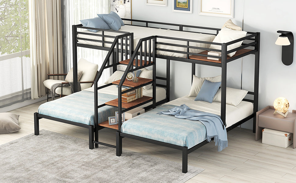 Black Metal Triple Bunk Bed with Storage Shelves and Staircase - Twin Over Twin Configuration