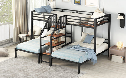 Black Metal Triple Bunk Bed with Storage Shelves and Staircase - Twin Over Twin Configuration