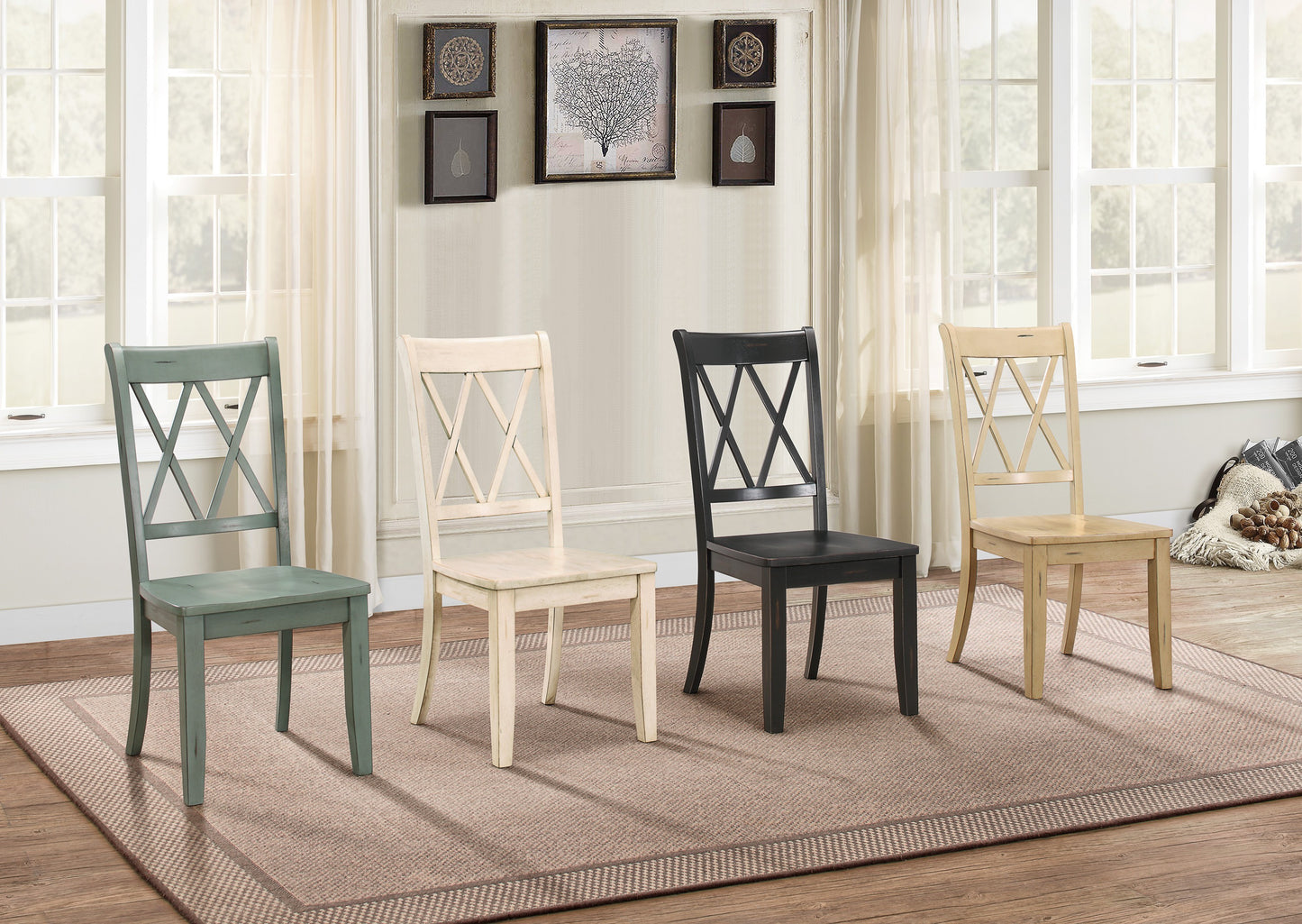 Set of 2 Pine Veneer Side Chairs, 18.5 in seat, Transitional Double-X Back, Dining Room White