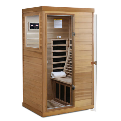 1-Person Indoor Far Infrared Sauna with Left Glass Door, 36x28x62 in, LCD, Bluetooth, 1050W Red Cedar