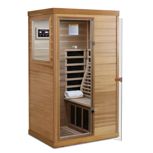 1-Person Indoor Far Infrared Sauna with Left Glass Door, 36x28x62 in, LCD, Bluetooth, 1050W Red Cedar